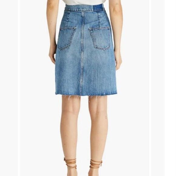 Etica Sophia Distressed Raw Hem Blue Denim Skirt Short Snap Front Women’s S - Picture 10 of 13